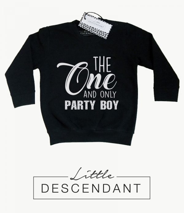 Monochrome baby en kinder sweater/trui 'The ONE and only party boy'