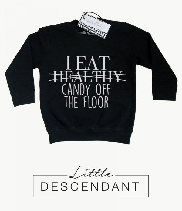 Monochrome baby en kinder sweater/trui 'I eat healthy candy of the floor'