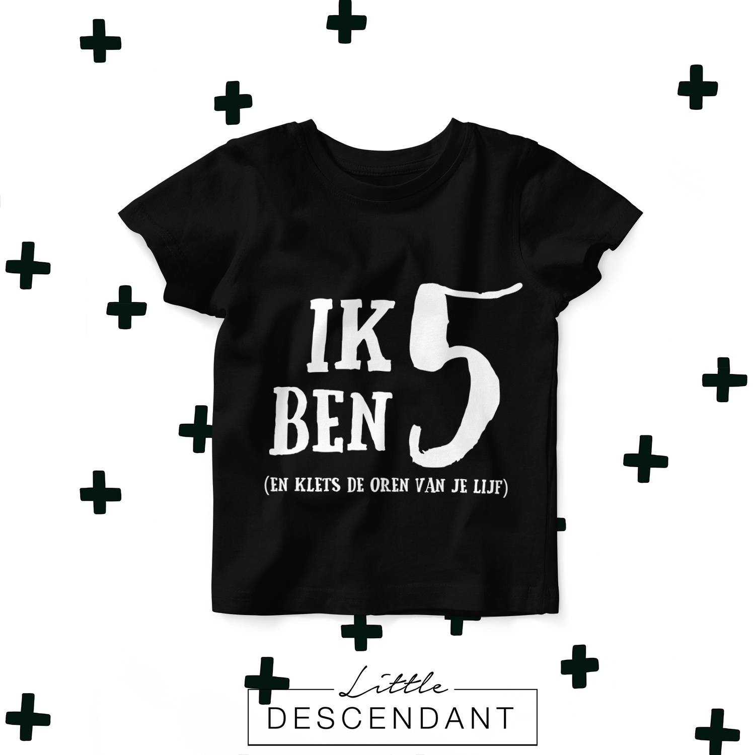 Verplicht camouflage banner Verjaardagsshirt 'Ik ben 5 en klets de oren van je lijf' - Little Descendant