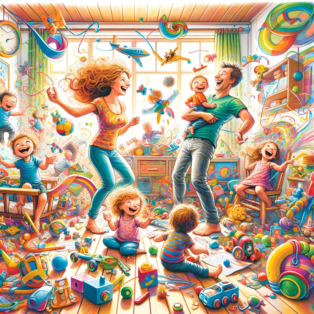 DALL·E 2024-01-28 12.08.04 - A whimsical and colorful illustration in the same style as the previous images, representing the lively and sometimes chaotic aspects of parenting. Th