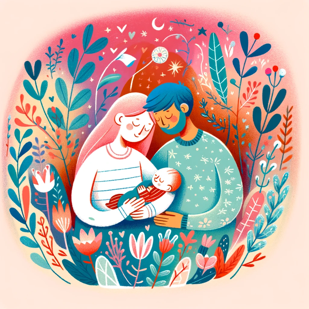DALL·E 2024-01-28 13.50.31 - A whimsical and colorful illustration in the same style as the previous images, representing the love and tenderness of parenting with younger parents