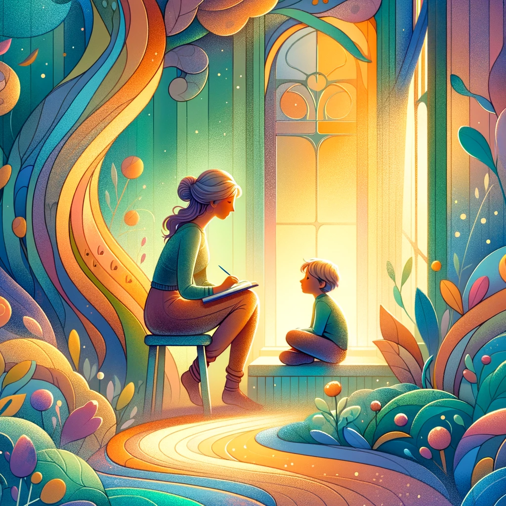 DALL·E 2024-01-28 13.56.36 - A whimsical and colorful illustration in the same style as the previous images, representing the wisdom and reflective moments of parenting. The scene